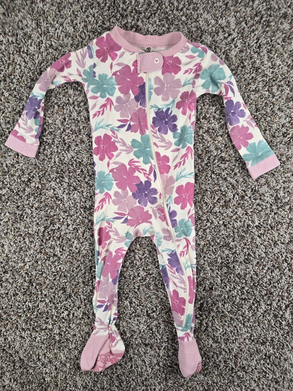 Burts Bees Baby Girl 12 Months Organic Purple Floral Footed Zip Pajamas